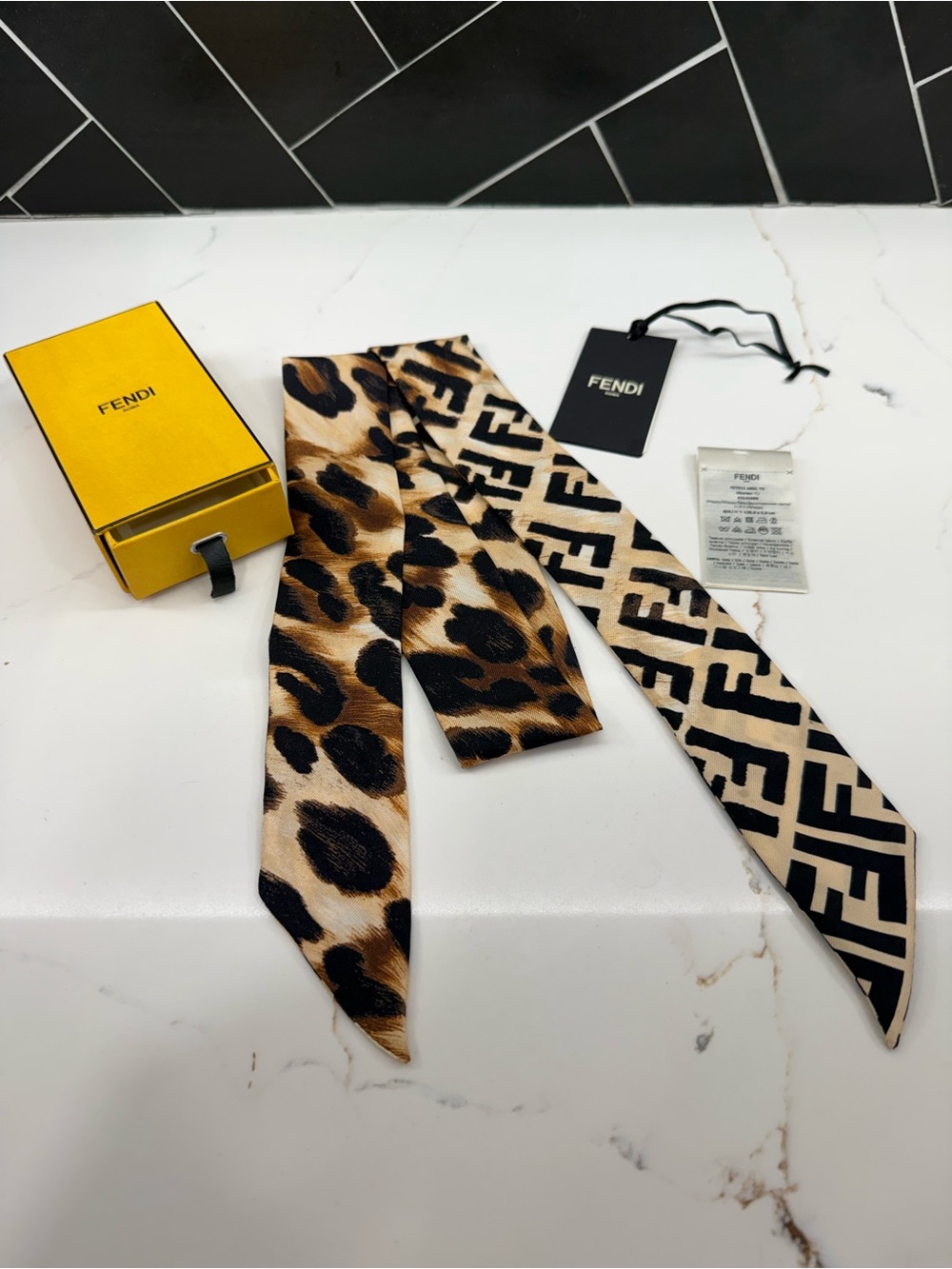 Fendi Leopard Print Silk Twilly Scarf in Brown and Black